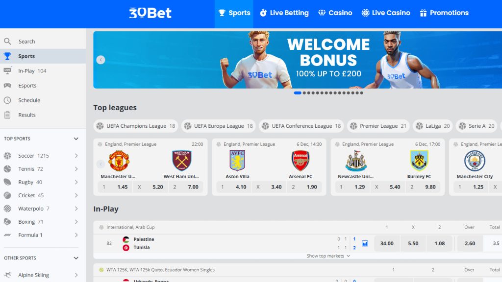 30Bet sportsbook betting markets