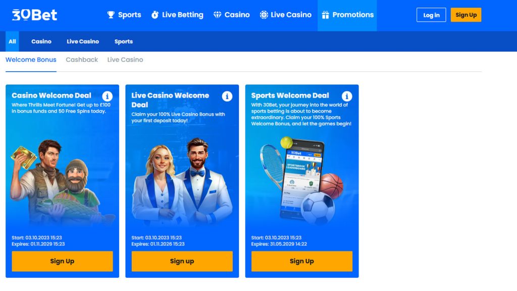 30Bet welcome bonuses for sportsbook and casino players