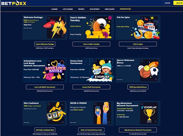 Betfoxx casino bonuse page screenshot