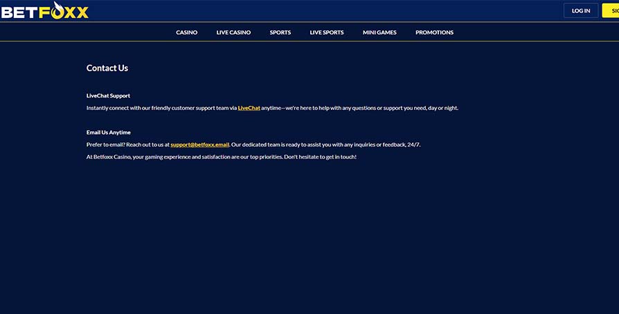 Betfoxx casino contact page screenshot