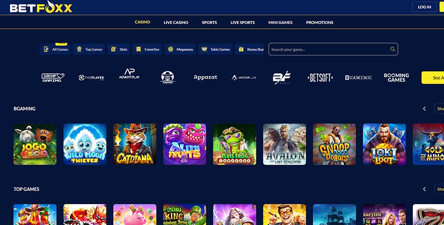Betfoxx casino games page screenshot