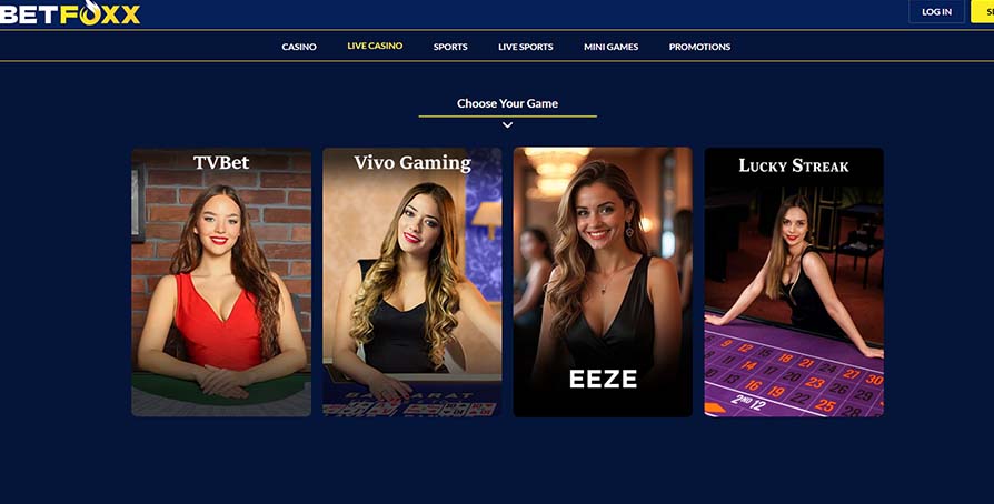 Betfoxx live casino games page screenshot