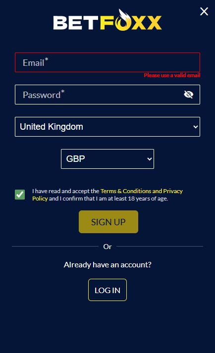 Betfoxx register and login page screenshot
