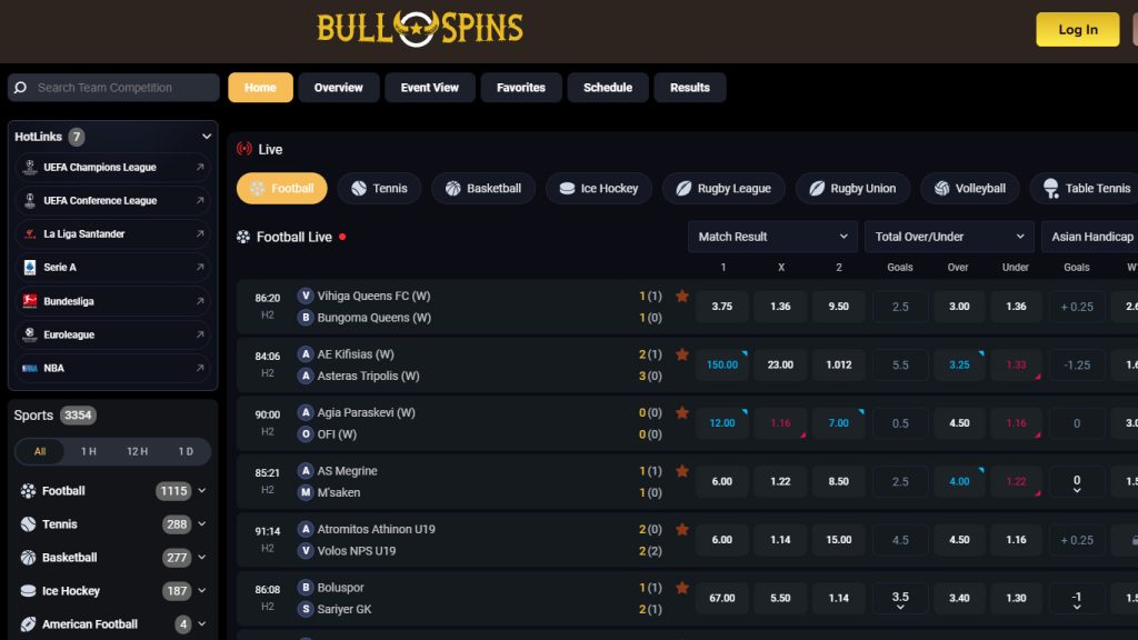 BullSpins Casino sportsbook betting markets
