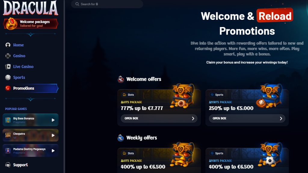 Dracula Casino bonuses and promotions