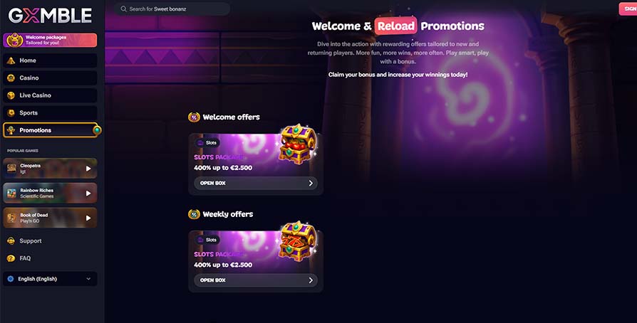 Gxmble Casino bonuses and promotions page screenshot