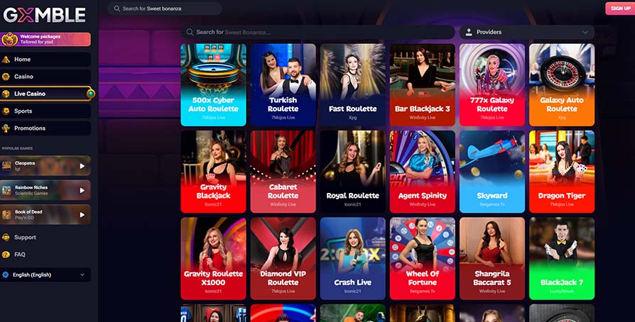Gxmble Casino live casino games page screenshot