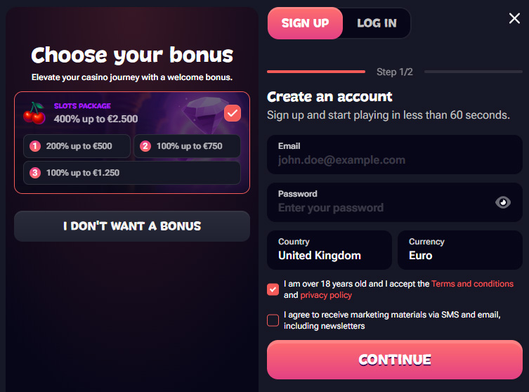 Gxmble Casino register page screenshot