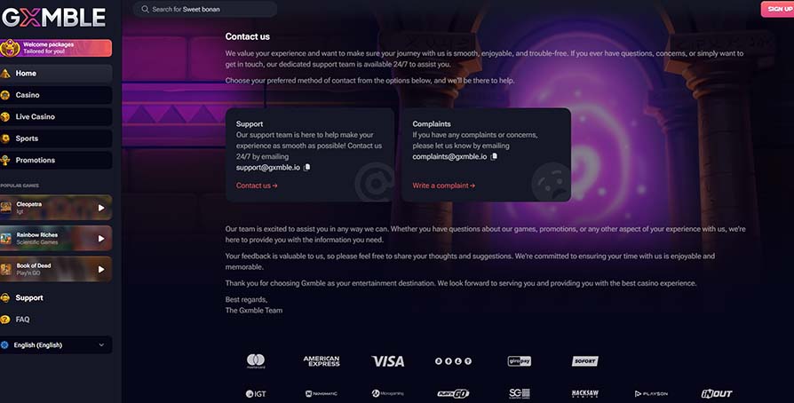 Gxmble Casino support page screenshot