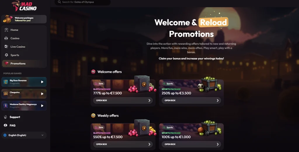 MadCasino bonuses promotions codes