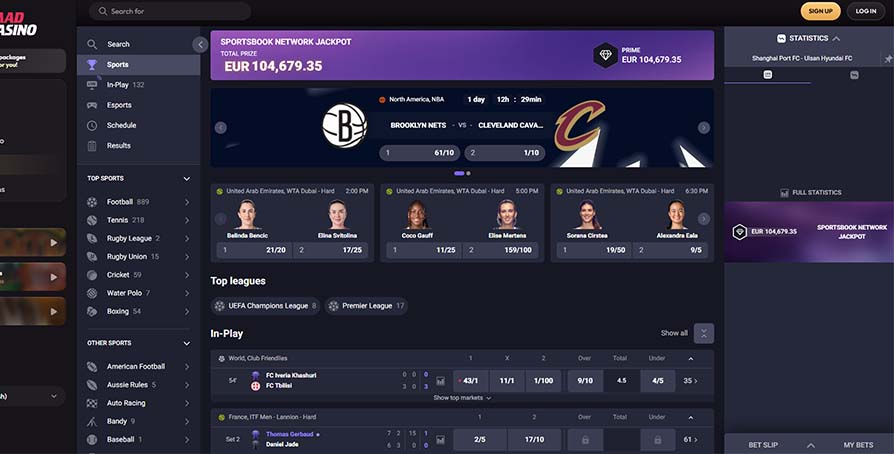 MadCasino casino sports betting page screeshot