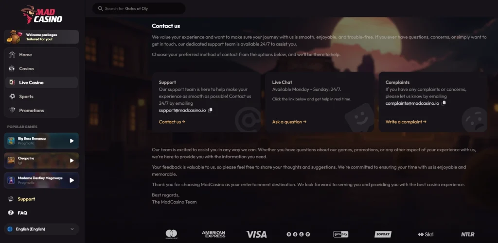 MadCasino customer support