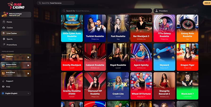 MadCasino live casino games page screenshot