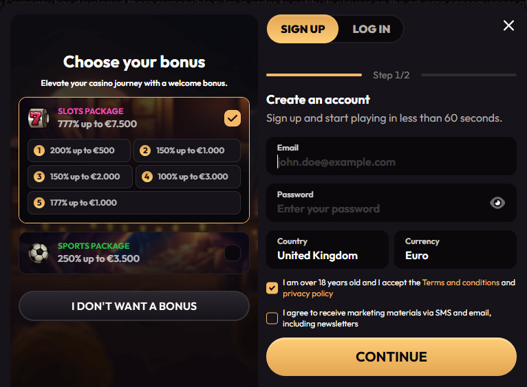 MadCasino register page screenshot