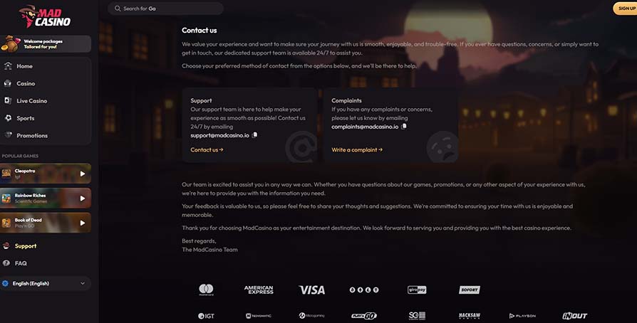 MadCasino support page screenshot