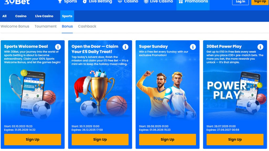 Ongoing 30Bet promotions, reload bonuses and loyalty rewards