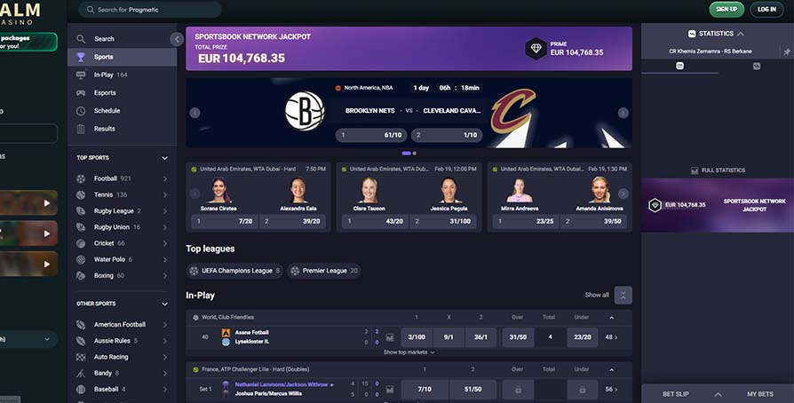 Palm Casino casino sports betting page screeshot