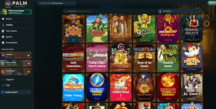 Palm Casino online games page screenshot