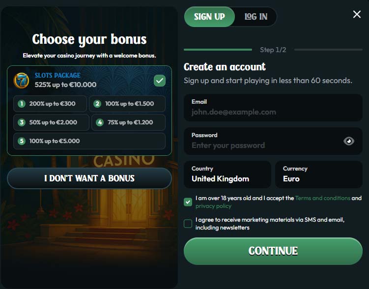 Palm Casino register page screenshot