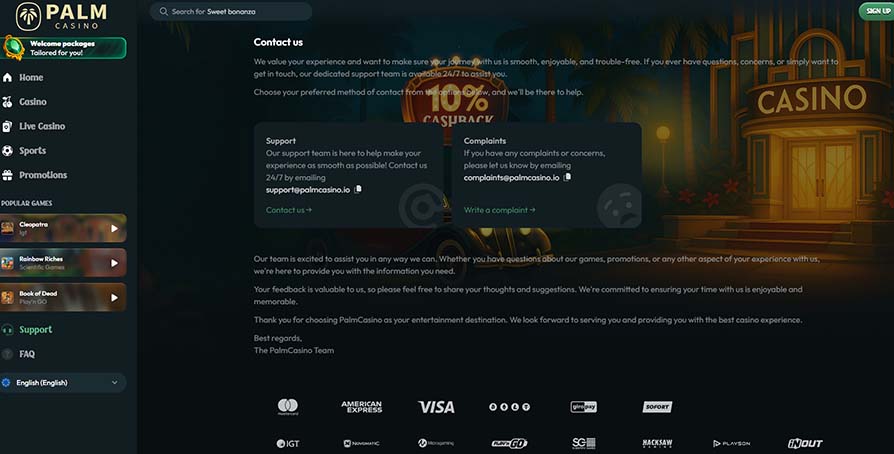 Palm Casino support page screenshot