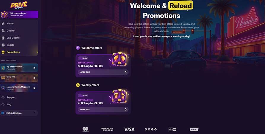 Prive casino bonus page screenshot