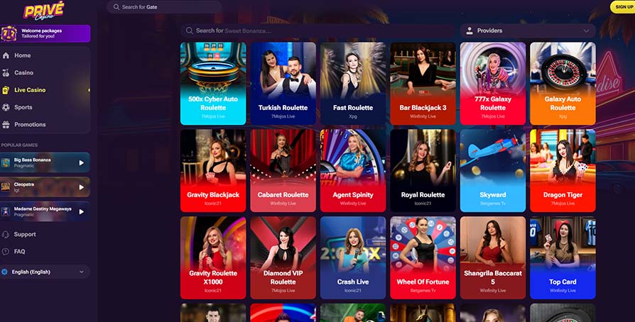 Prive casino live casino games page screenshot