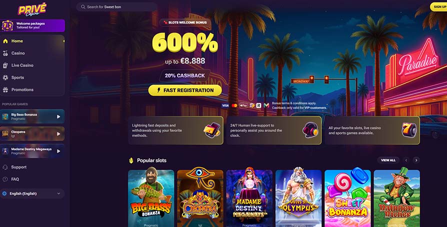 Prive casino main page screeshot