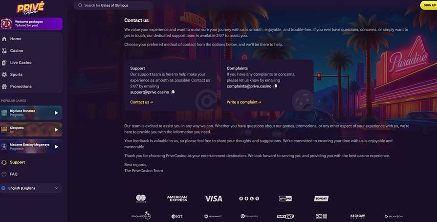 Prive casino online casino customer support