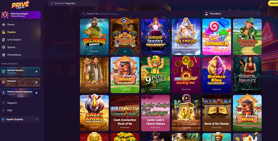 Prive online casino games page screenshot