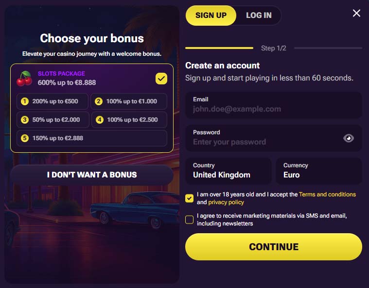 Prive casino online casino register and login page screenshot