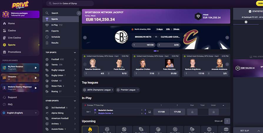 Prive casino sports betting page screeshot