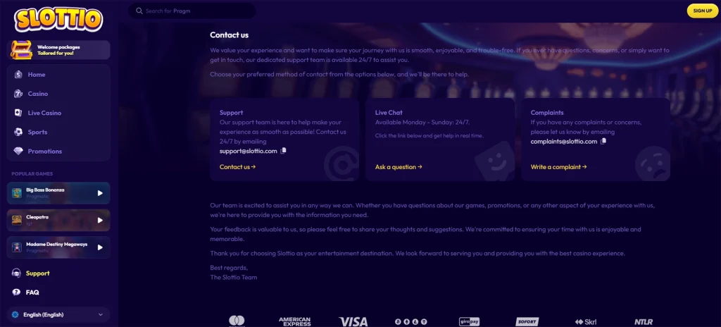 Slottio customer support