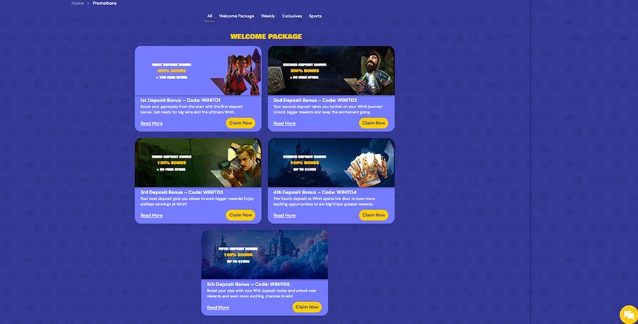 WinIt casino bonuses and promotions page screenshot