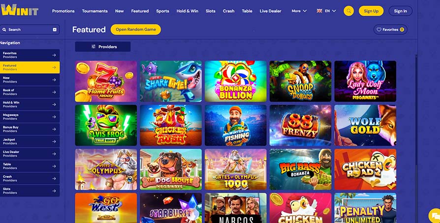 WinIt featured games page screenshot